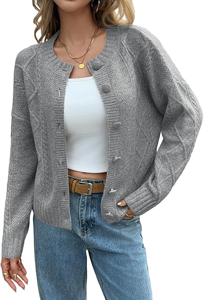 Saodimallsu Womens Cable Knit Cardigan Button Down Crew Neck Long Sleeve Loose Fall Trendy Sweater Coats