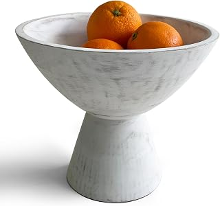 Fairwood Way - Whitewash Pedestal Bowl - 8 Inch, Wide Whitewash Footed Bowl as Fruit, Key, Decorative, Candy Holder or Centerpiece, Wooden Bowl Decorative for Kitchen, Dining Table & Home Accessories