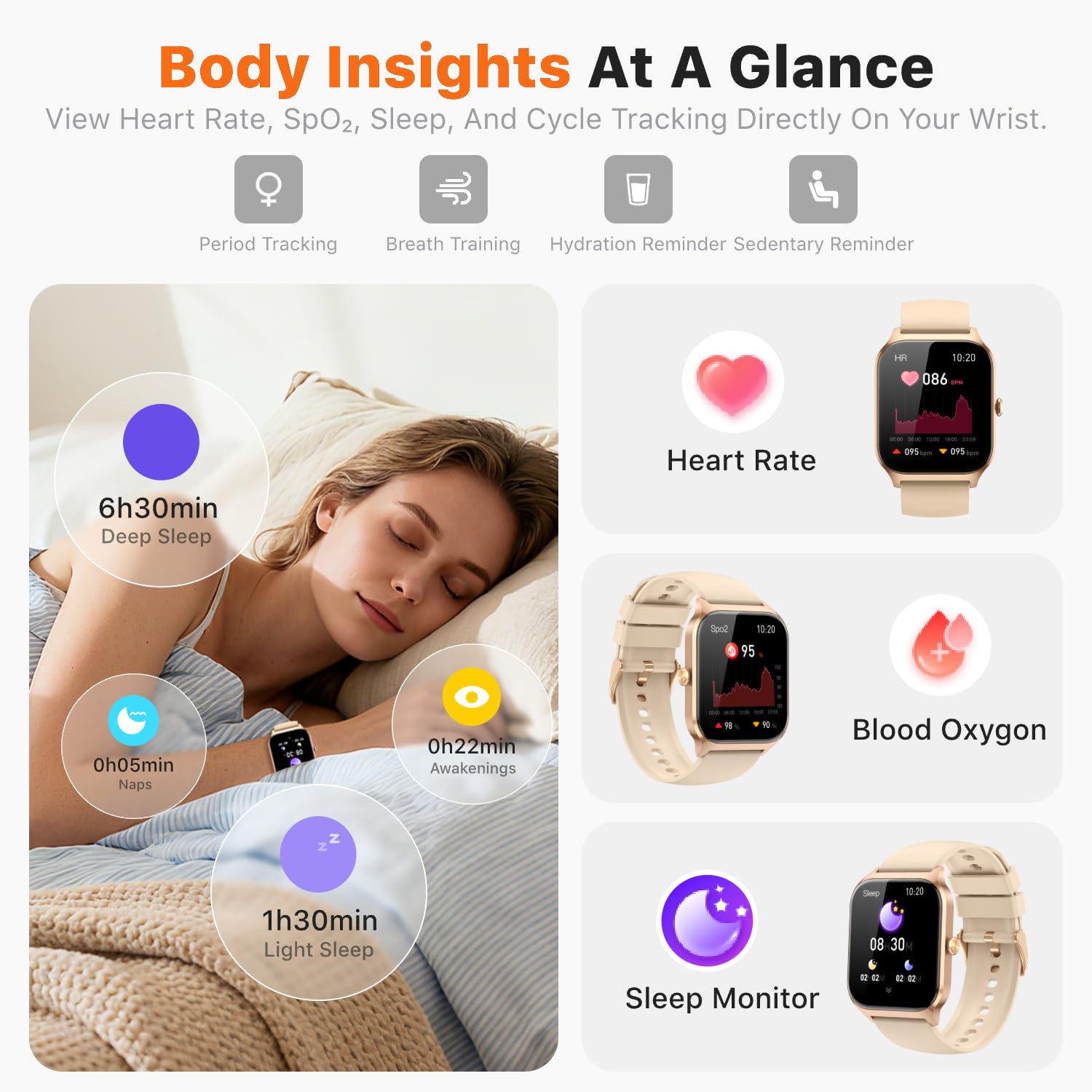 Kriutefy Smart Watch for Women Men - Answer/Make Call, Fitness Tracker Smartwatch for Android iPhone Compatible, Sleep Female Cycle, 120+ Sports Modes Step Counter (Champagne Gold, 2 Straps) - 5