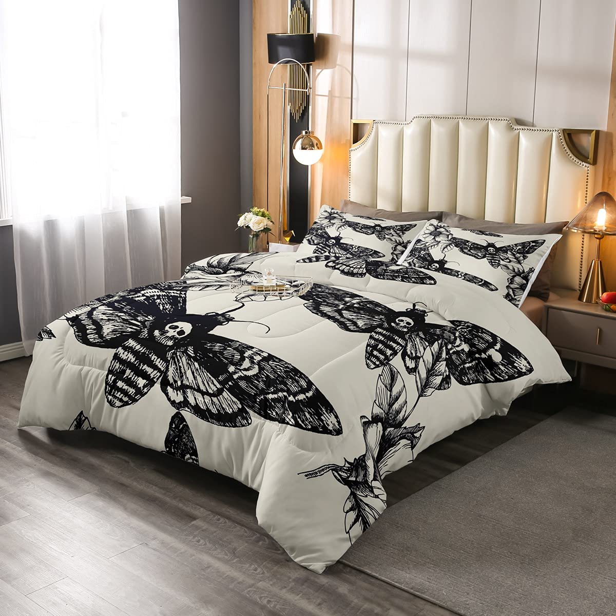 Piumino con teschio gotico insertativo e tarme morte e fiori, 230x220cm per bambini adolescenti adulti traspirante ossa scheletrate piumone nero crema