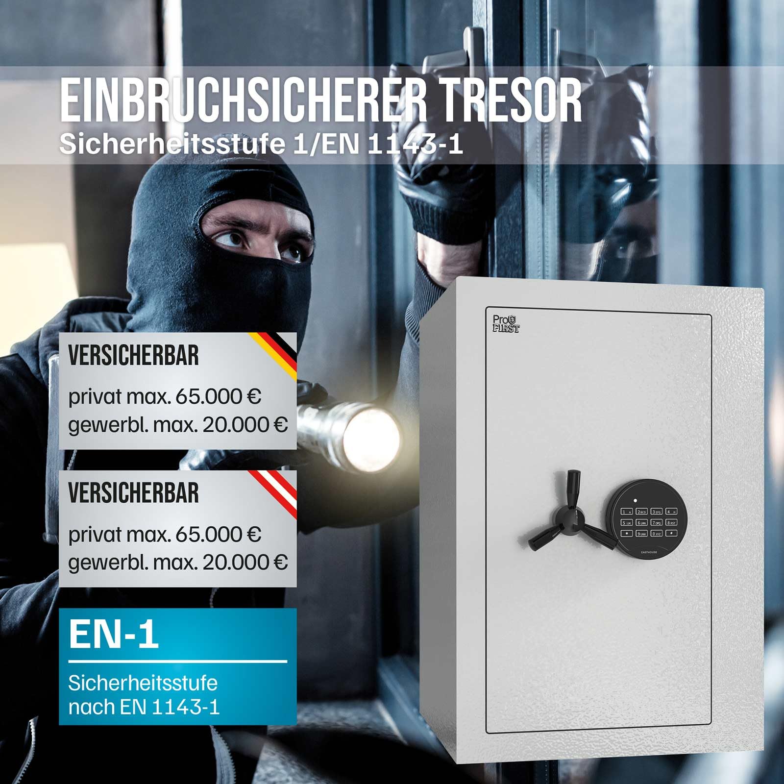 Profirst Wertschutzschrank Fortress 60 EN1 Elektronikschloss Feuerfalz Stahl separat verschließbarer Innentresor 2 verstellbare Fachböden inkl. Befestigungsmaterial