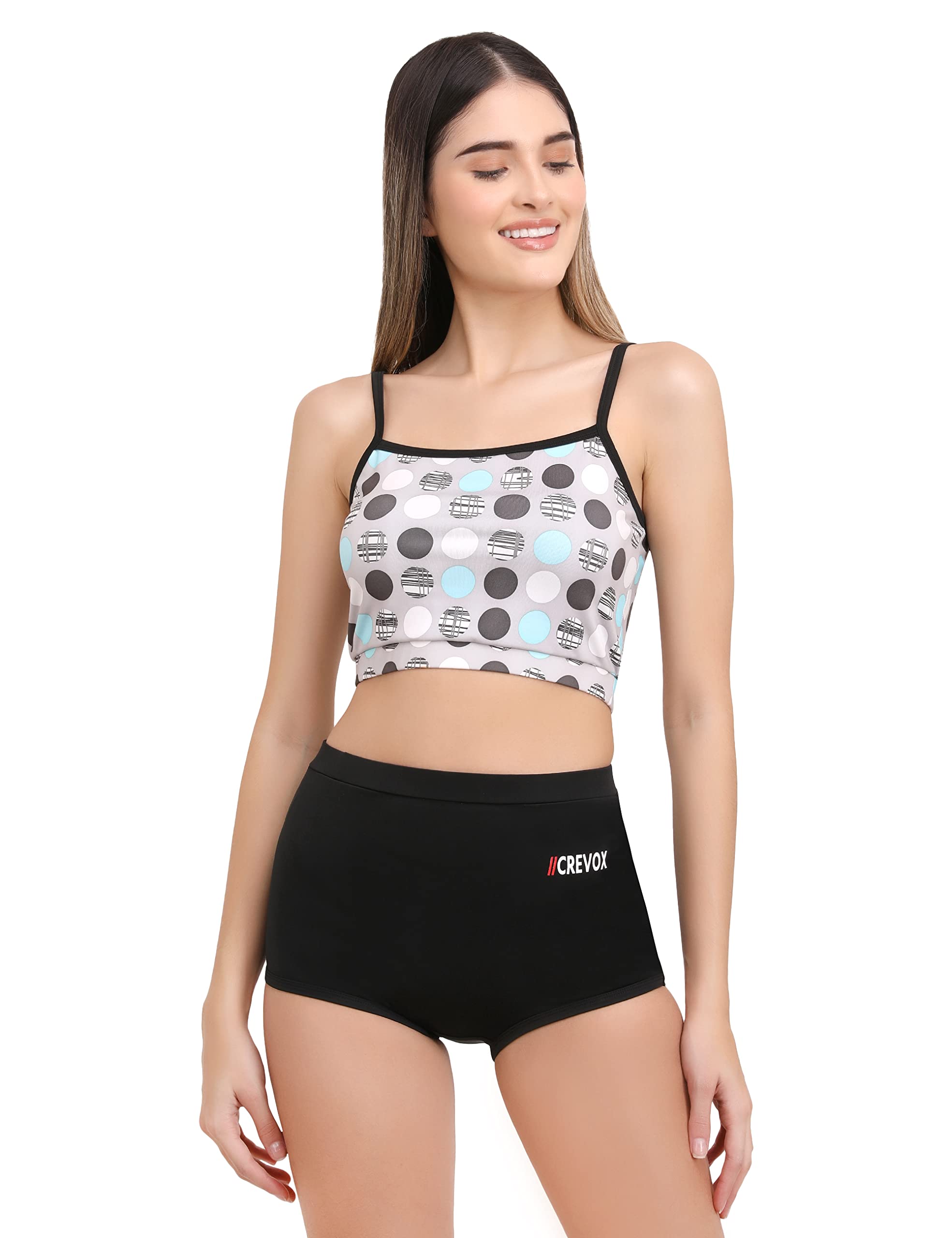 CREVOX White Printed Padded Crop Top with Black Short Two Piece Swim Wear/Suit for Women