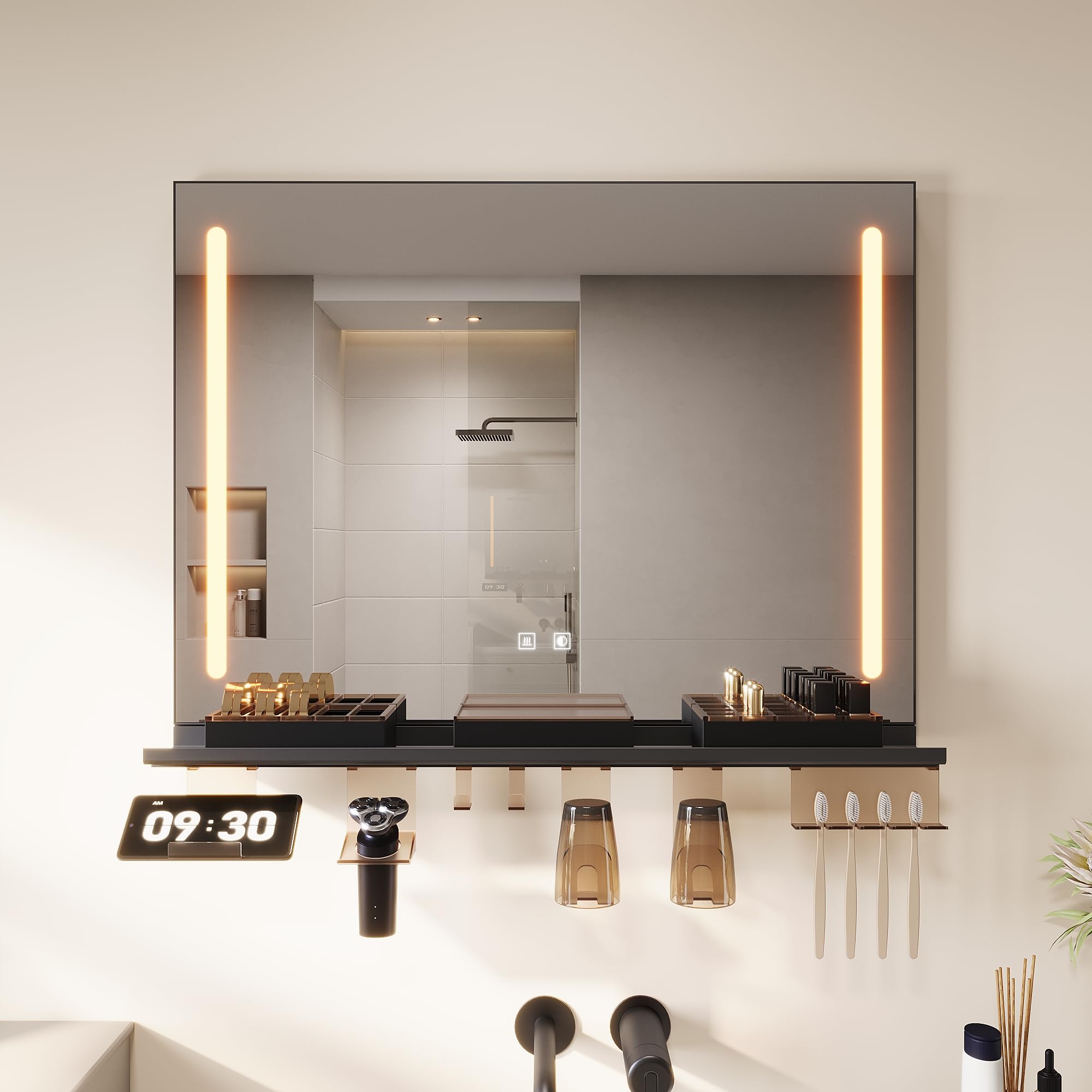 Sonni Espejo de baño con luces de 80 x 60 cm, espejo LED de baño con espacio de almacenamiento de 80 cm, 3 colores de luz ajustables, espejo de pared sin niebla con interruptor táctil