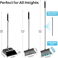 Vista 4 de JOYMOOP Juego de escoba y recogedor negro, diseño de ángulo vertical con dientes de peine integrados para el hogar, oficina, suelos de madera dura