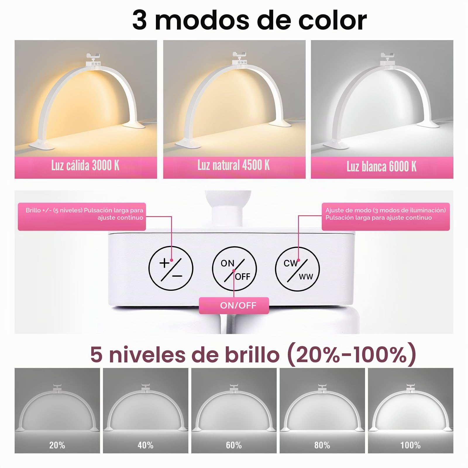 Media Luna Lámpara para Uñas, 71CM 36W LáMpara De Escritorio De UñAs para Teléfono Móvil, LED Professional Nail Light Lash Light, Luz de Pestañas para Pestañas Tatuaje Manicura