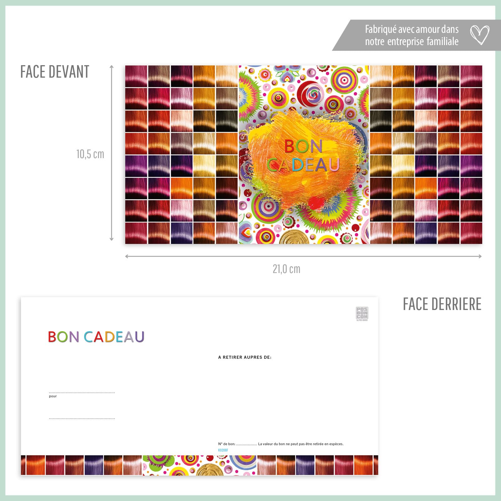 POS BON. 100 formulaires pour créer vos propres bons cadeaux + enveloppe + nœuds ruban, pour des salons de coiffure. K9280F-2-100-V2
