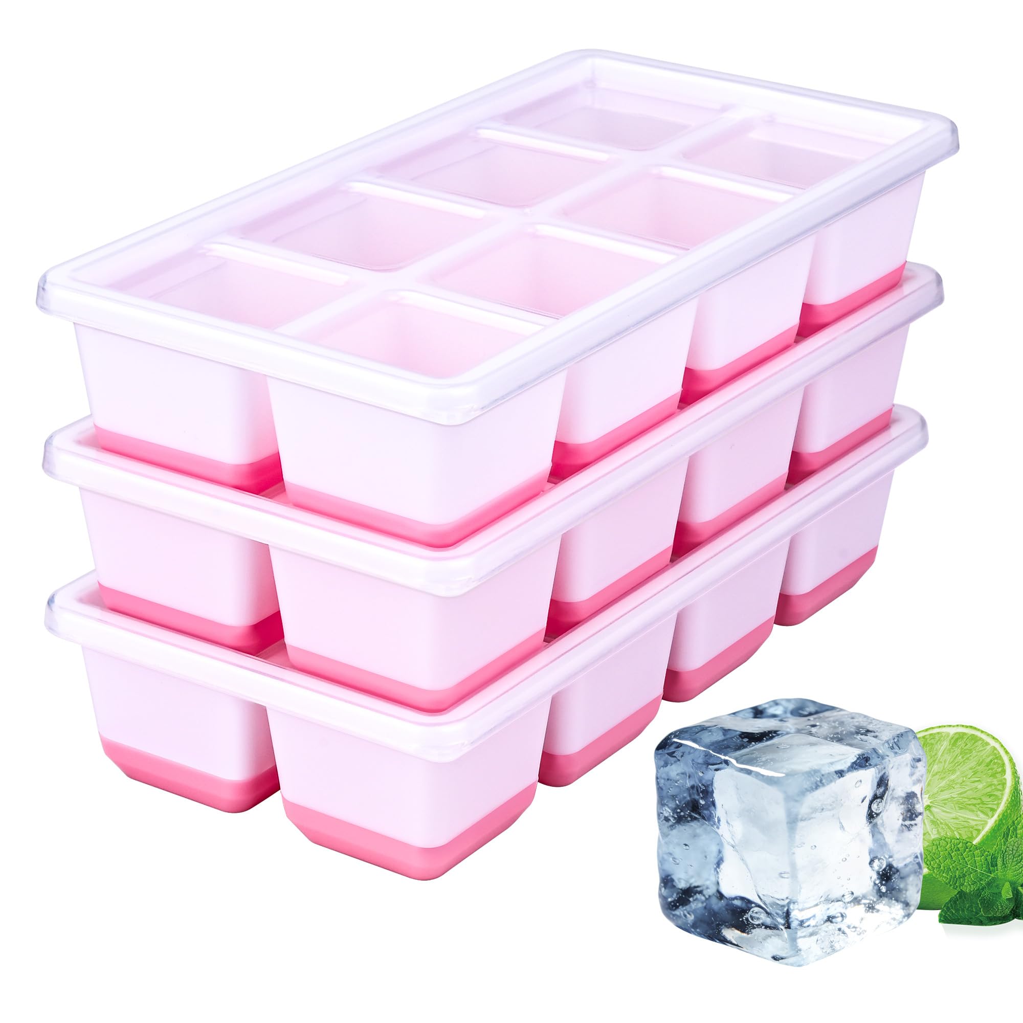 Large Ice Cube Trays, 1.8in Square Silicone Ice Cube Trays with Lids, Easy Release BPA-Free Ice Trays for Freezer, Deep Ice Cube Moulds for Whiskey, Cocktails, Drinks(3 Pack Pink)