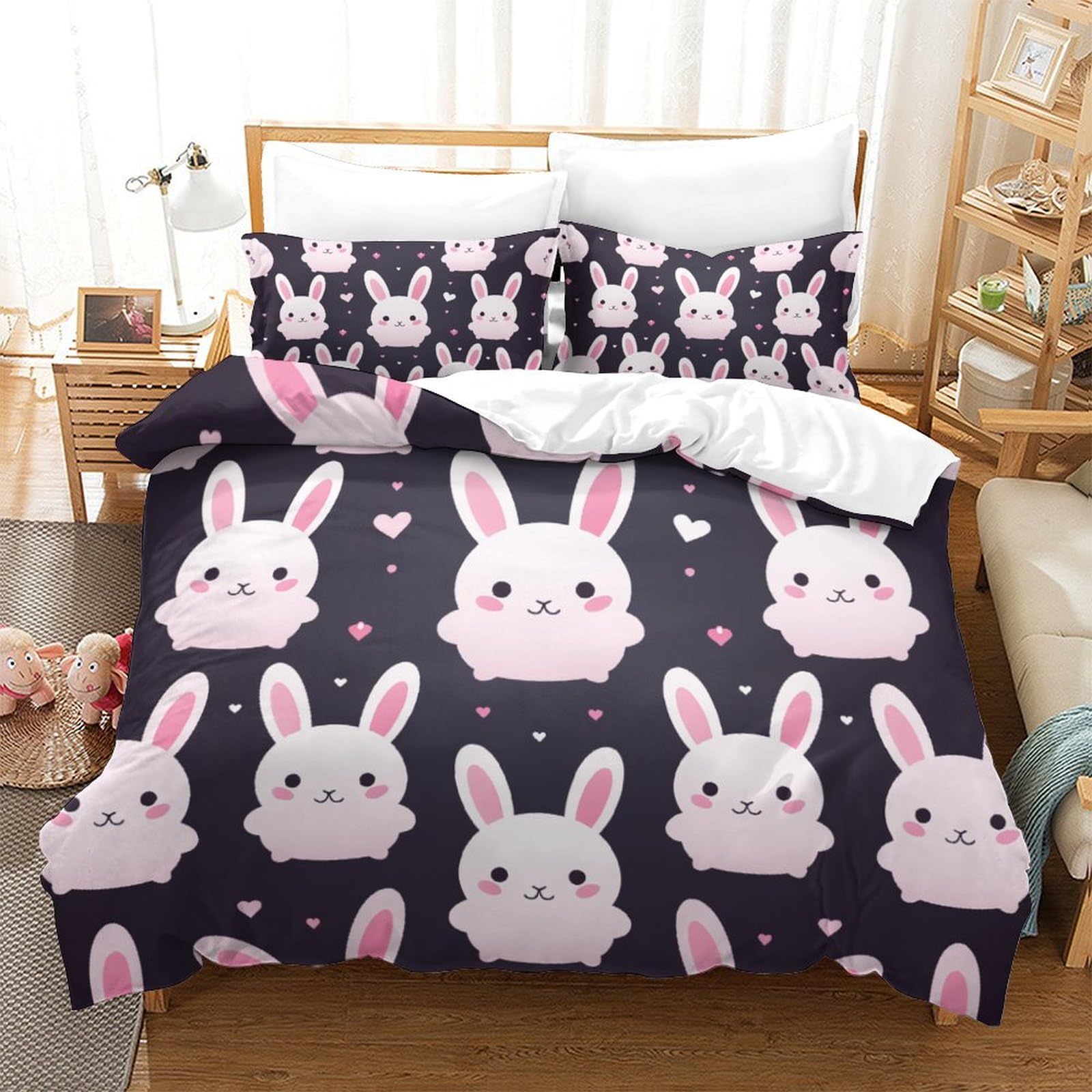 Parure housse de couette lapin 3D avec fermeture éclair pratique pour lit Super King