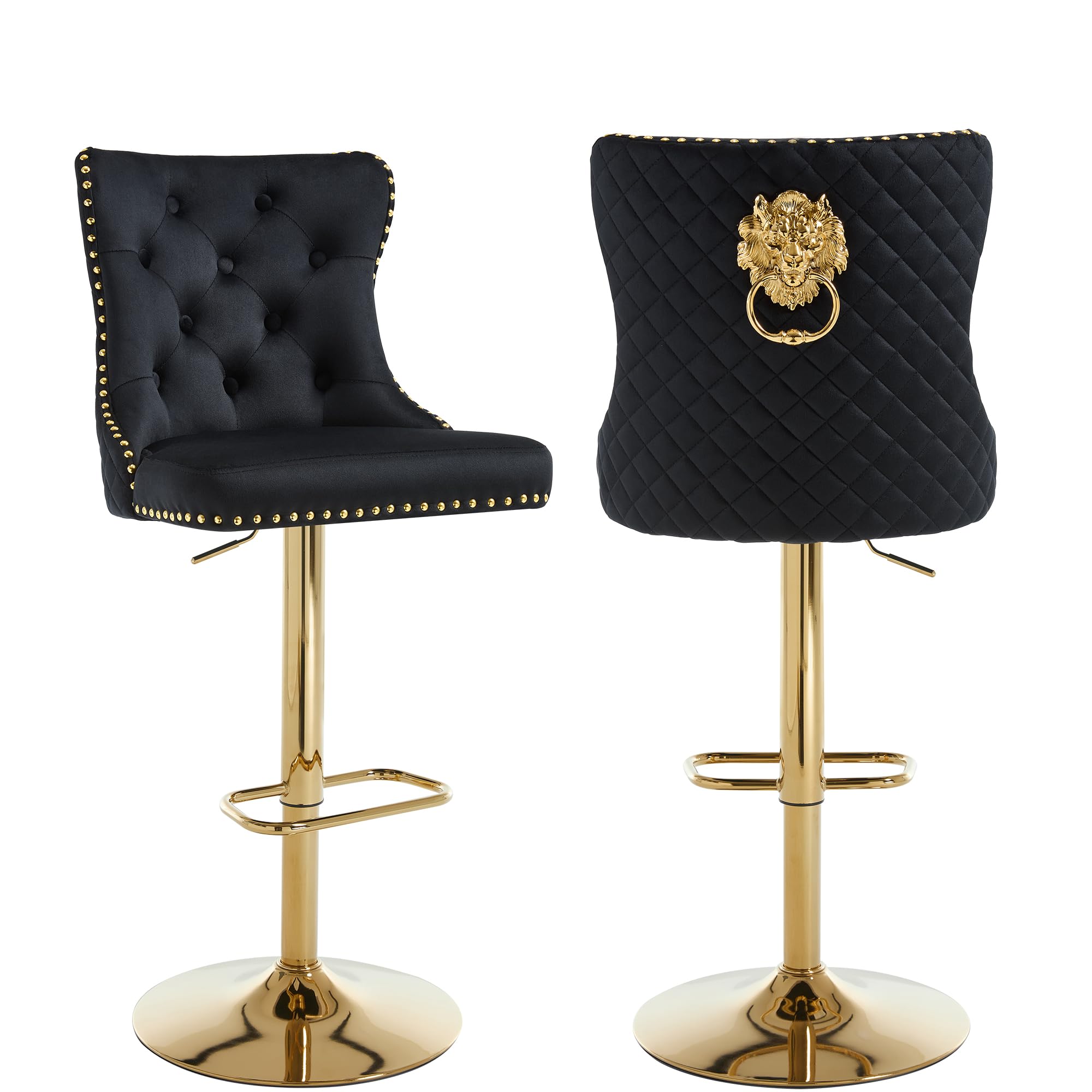 Gold Barstools Set of 2,Velvet Bar Height Stools with Lion Pull Ring,Upholstered Swivel Counter Height Stools with High Tufted Back,Modern Adjustable Bar Chairs for Kitchen Island/Cafe, Black