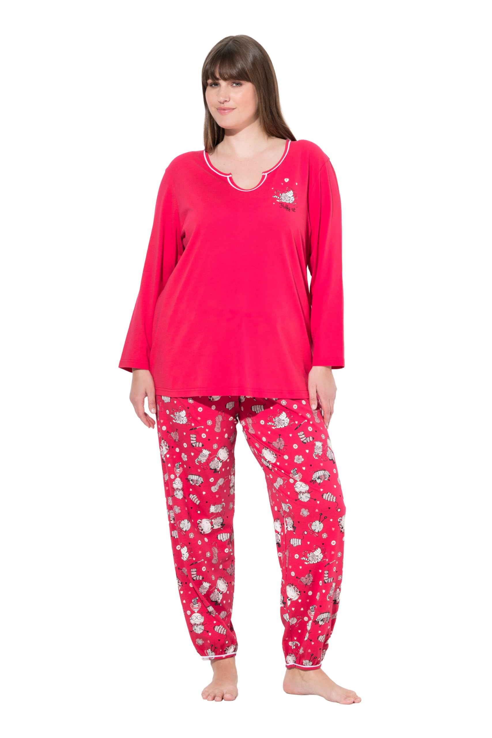 Ulla Popken Damen große Größen Übergrößen Plus Size Pyjama, Katzen, Tunika-Ausschnitt, Langarm 843359