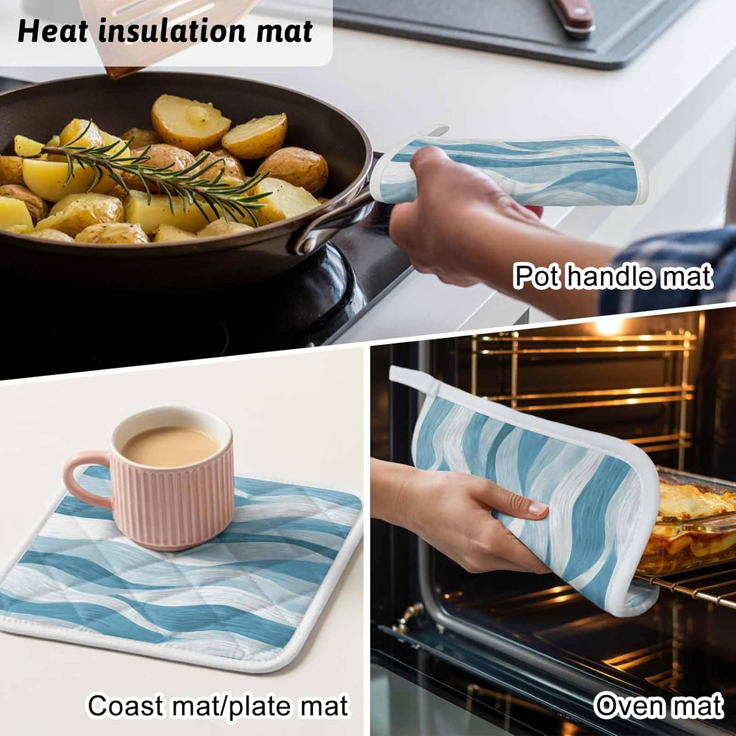 Blue Ombre Pot Holders for Kitchen Heat Insulation, Modern Moire Abstract Art Aesthetics Potholders Hot Pads with Hanging Loop, Washable Oven Mitts Pot Holder Trivet for Cooking Baking 5 Pack