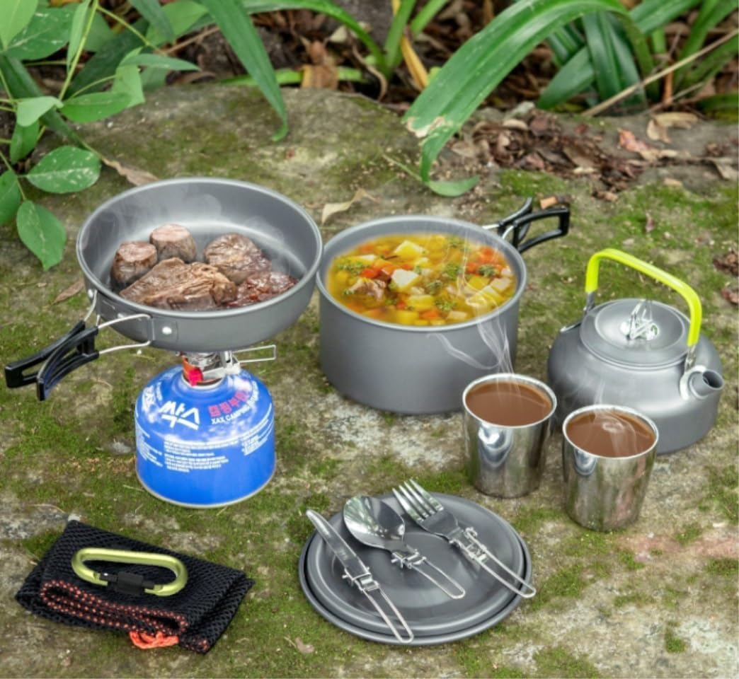 Camping Campfire Utensils, Outdoor Pots Pans Camping Cookware Picnic Cooking Set Tableware with Foldable Spoon Fork Kettle Cup Backpacking Gear