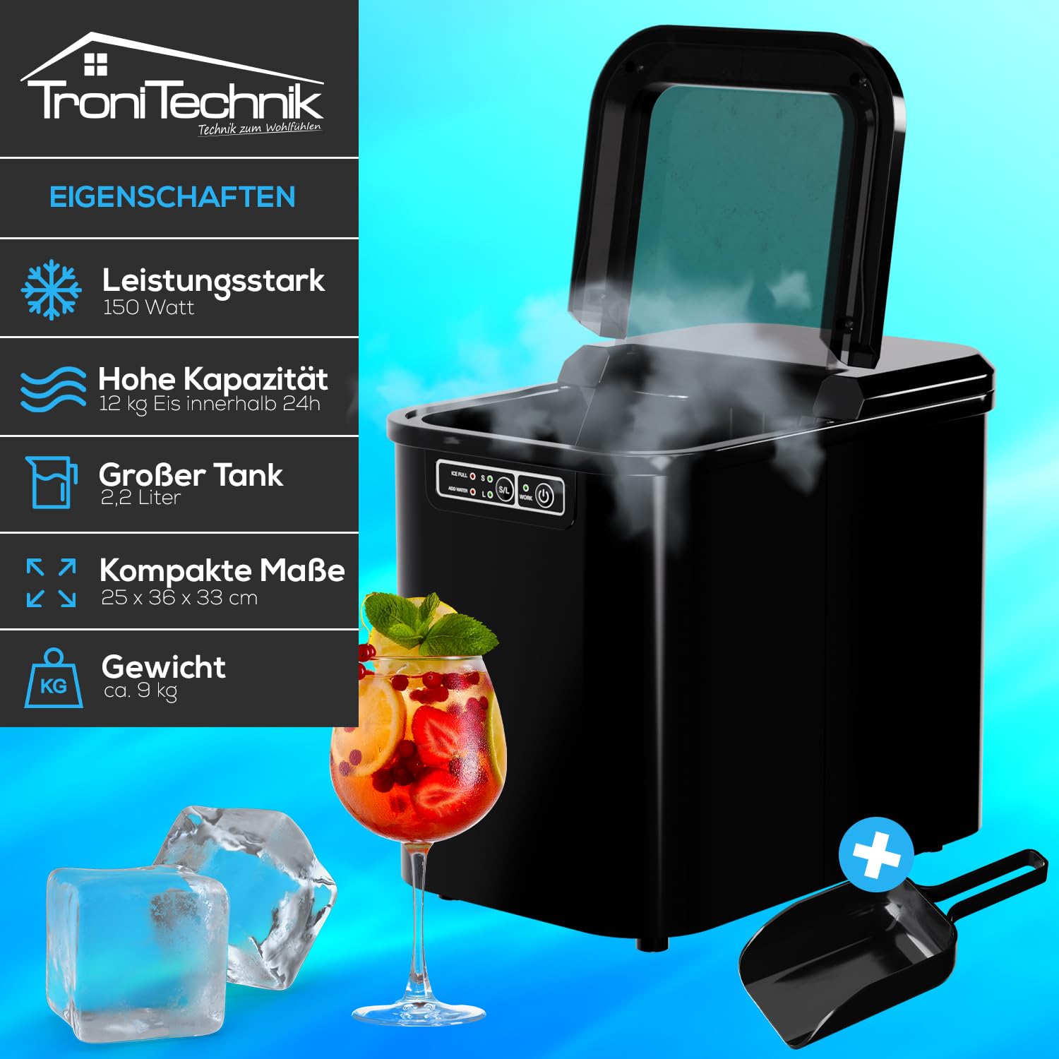 Tronitechnik® Eiswürfelmaschine Eiswürfelbereiter, Ice Maker, 12kg/24h, 2,2 Liter Wassertank, 2 Größen, Selbstreinigung, schwarz, einfache Bedienung