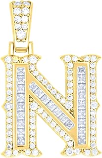 14K Yellow Gold Look 925 Sterling Silver Yellow-tone Unisex 0.59ct, 0.47ct Baguette Round Moissanite Initial N Pendant