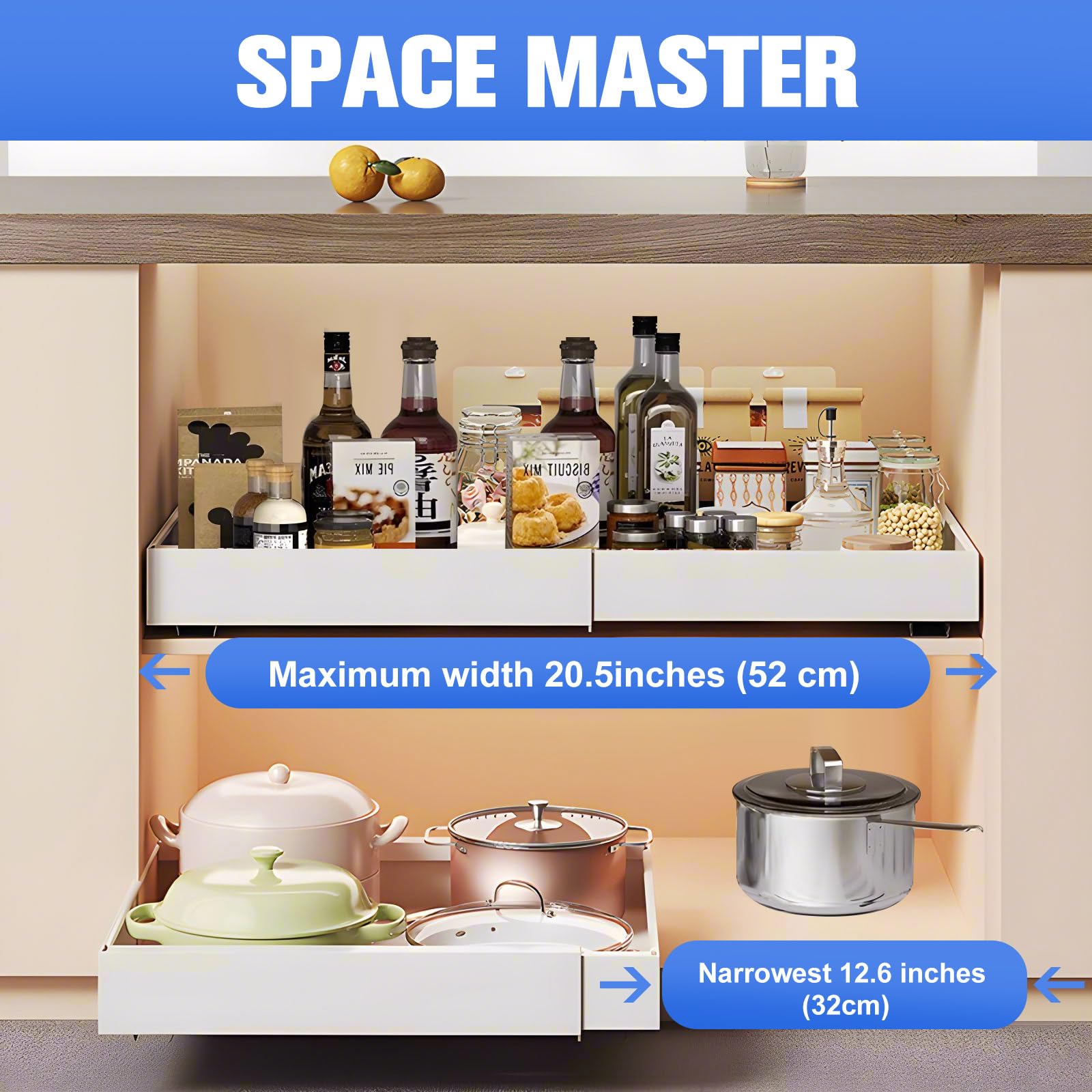 Tiroir coulissant, tiroir rétractable, tiroir coulissant cuisine,plateau coulissant placard cuisine,organisateur de cuisine, extensible de 32 à 52 cm, aucun perçage requis (blanc)