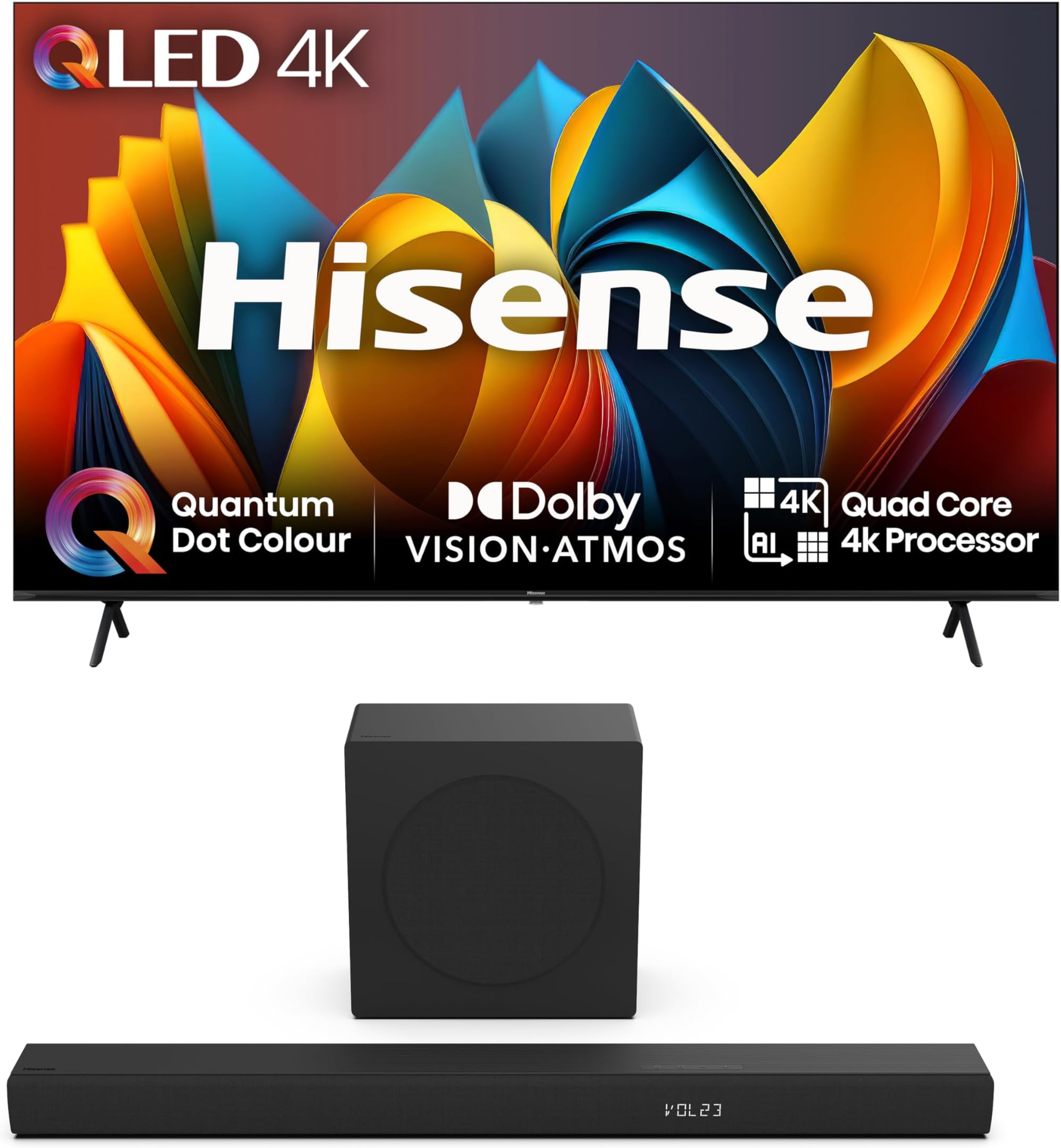 Hisense TV & Soundbar Bundle: 85E7NQTUK TV with Quantum Dot Colour, Dolby Vision Plus the HS3100 Soundbar with 480W Power, Direct Surging Sound, The Perfect Match for the ultimate Audio-Visual Experi