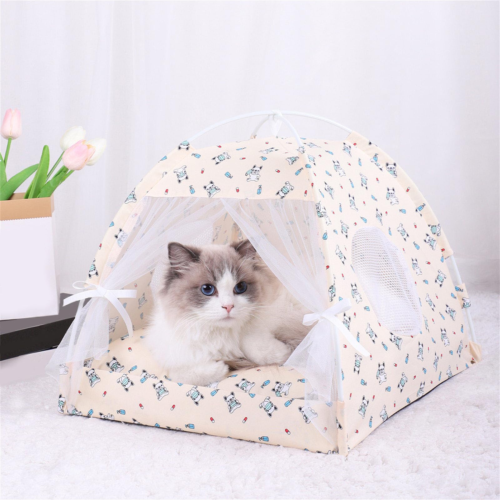 Tente pour animal domestique portable amovible respirant Tipi Chiens Chats Intérieur Extérieur Niche pour Camping Pratique