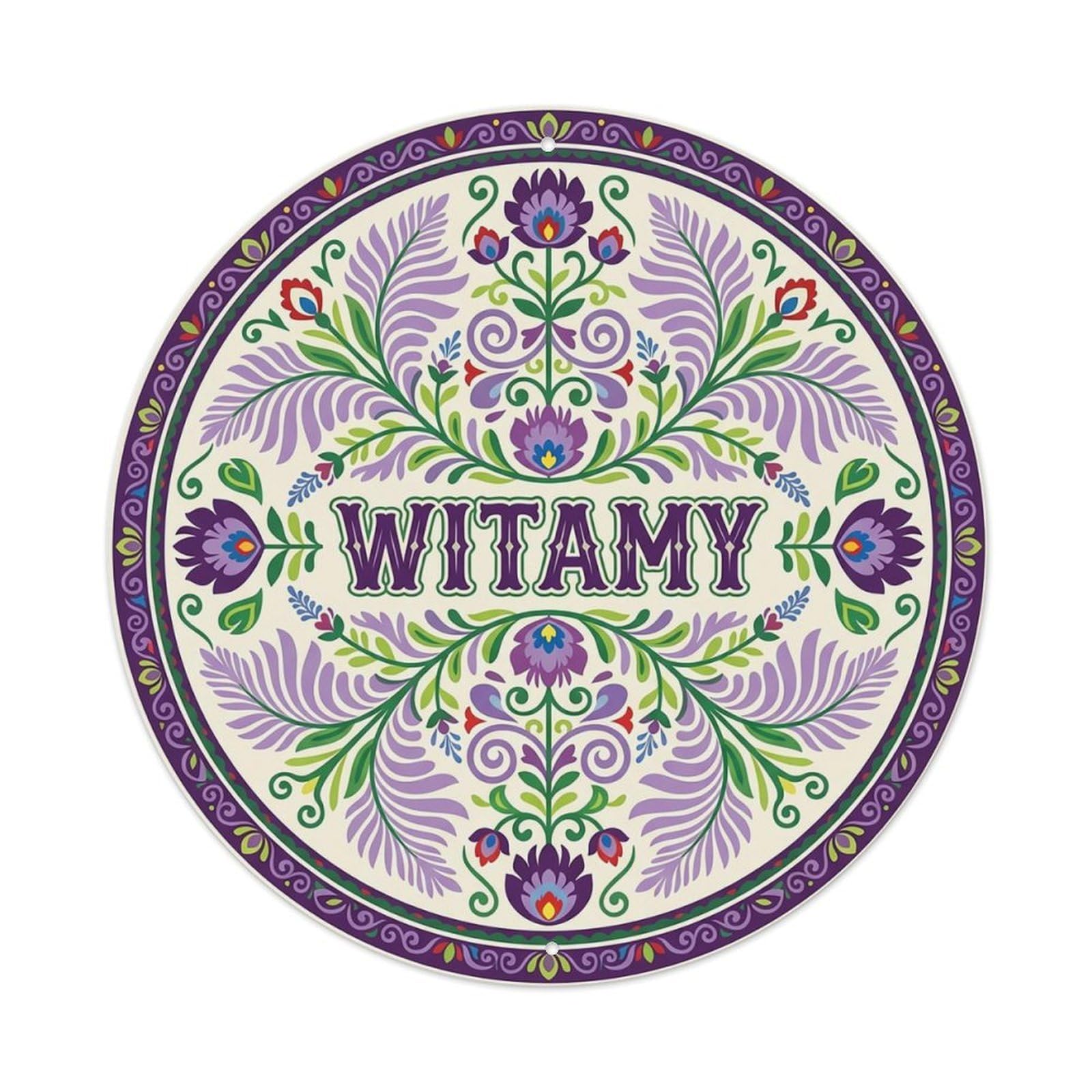 Vintage Polish Folk Art Witamy Welcome Lavender Fern Metal Tin Sign