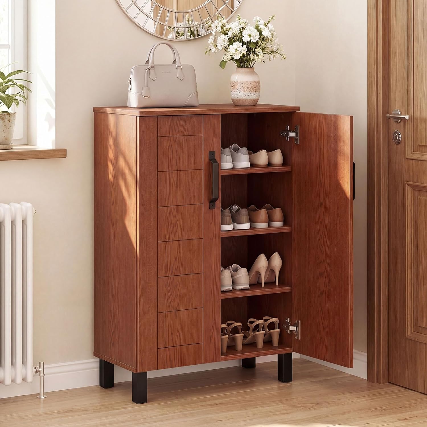 Giantex 5-Tier Shoe Storage Cabinet, Freestanding Wooden Entryway Cabinet w/Storage, 2 Doors, Removable Shelves, Shoes Rack Organizer w/Ventilation Hole for Hallway Closet Living Room (Brown)