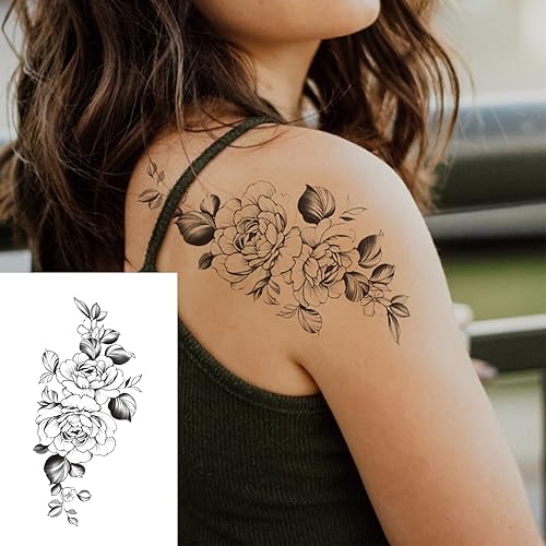 Miniatura 3 de 32 calcomanías temporales de tatuajes de rosas negras para mujeres, múltiples diseños de patrones florales (7.5 x 3.8 pulgadas)