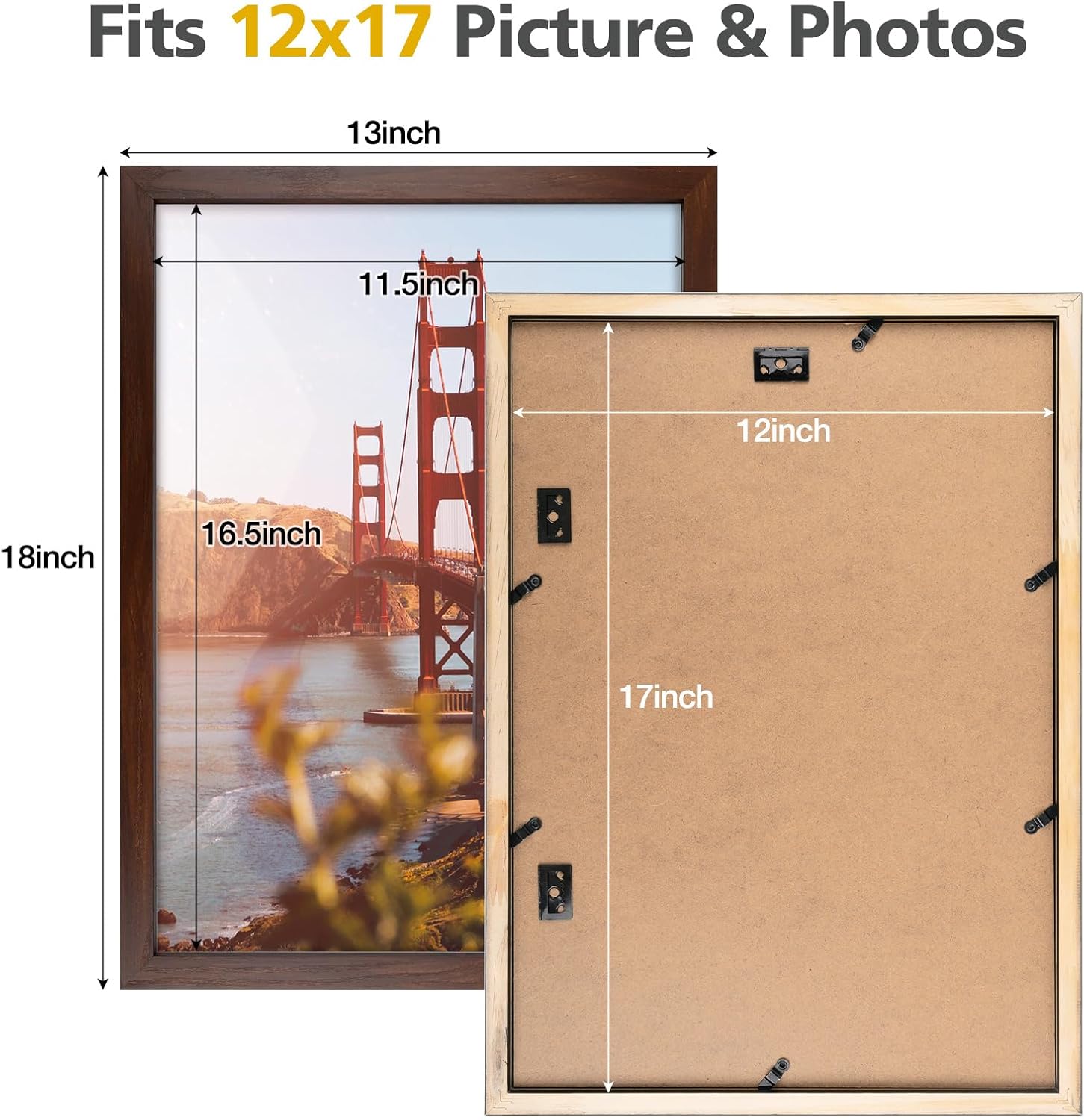Golden State Art, 12x17 Picture Frame Brown - Classic Solid Wood Frame With Real Glass - Wall Mount Vertical or Horizontal Display for Photos, Art, Posters
