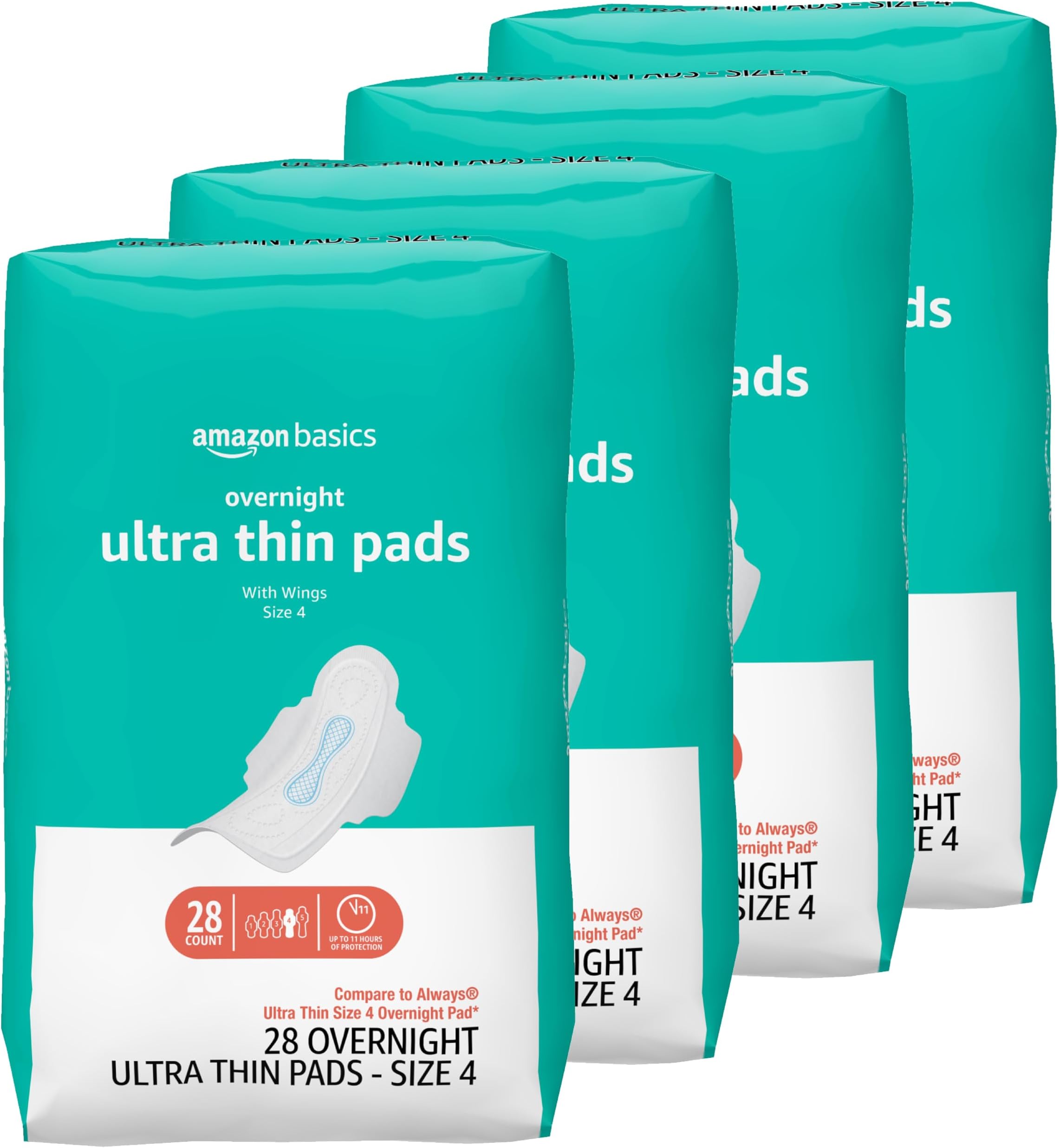 Amazon Basics Overnight Feminine Period Pads for Women, Ultra Thin with Flexi-Wings, Unscented, Size 4, 112 Count (4 Packs of 28)