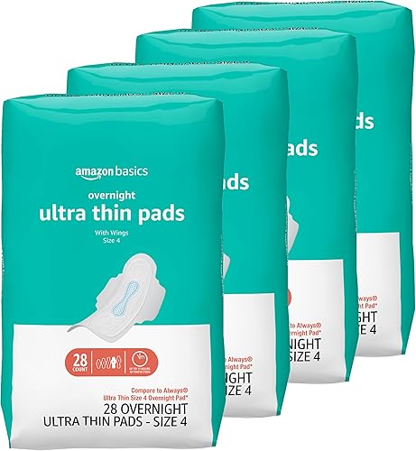 Amazon Basics Overnight Pads para mujer, ultra finas con alas flexibles, sin perfume, tamaño 4, 112 unidades, (4 paquetes de 28) (anteriormente