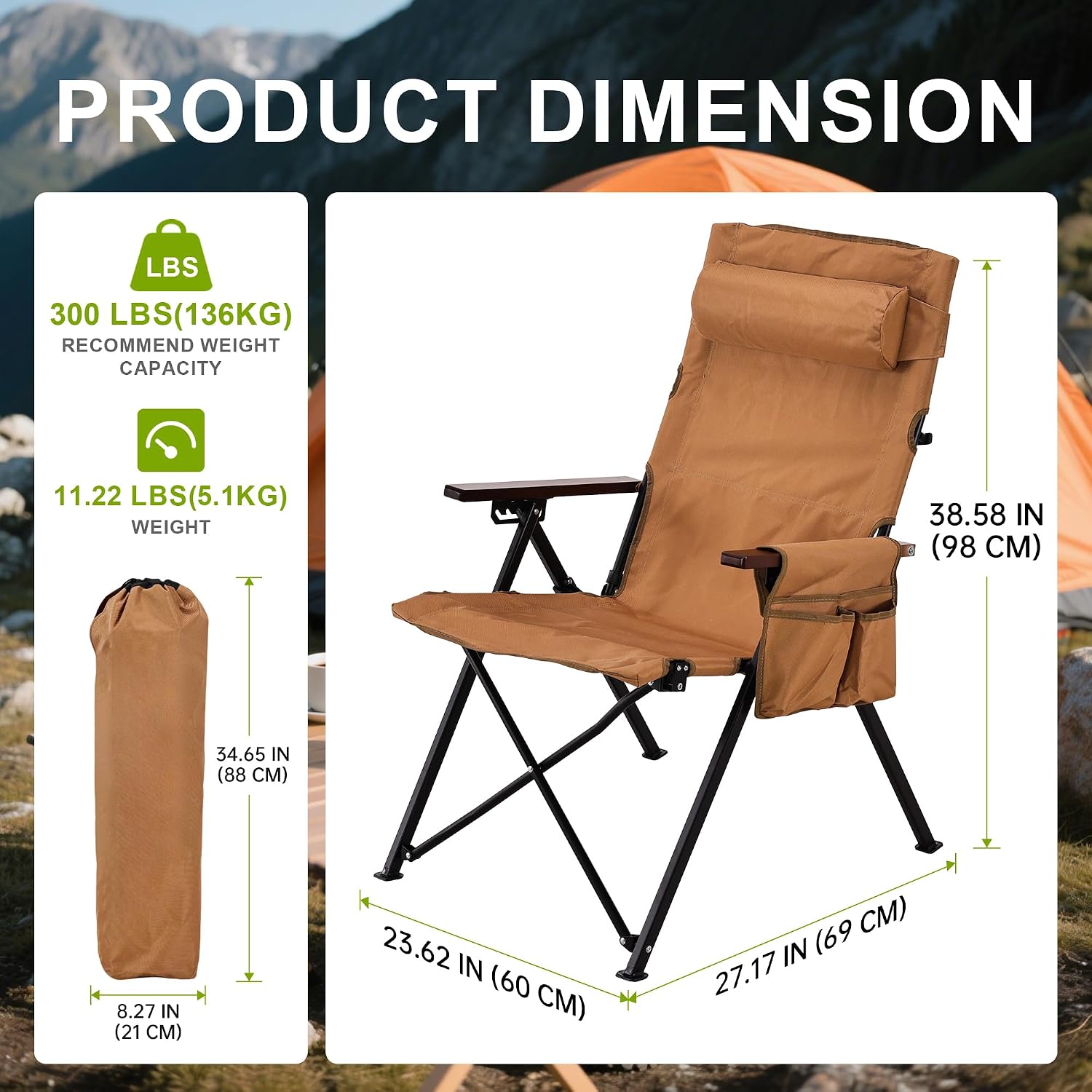 Camping Chairs for Adults-Adjustable 95°-135° Hign Back Heavy Duty Folding Lawn Chairs with Detachable Headrest, Side Pocket, Hold Up 300 Lbs, Yellow