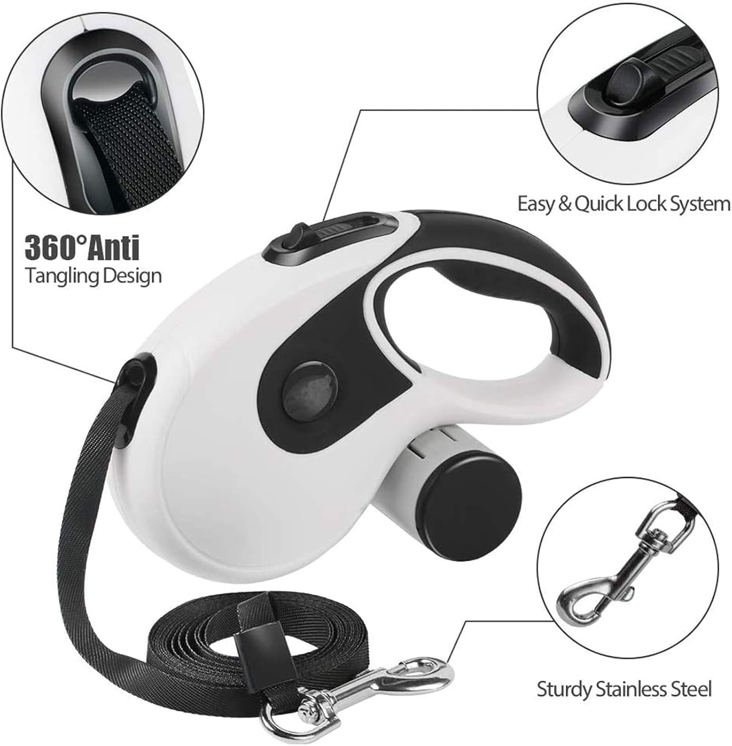 Retractable Dog Leash Heavy Duty 360°Tangle-Free Pet Walking Leashes Anti-Slip Handle 16ft Strong Nylon Cord with Poop Bag Dispenser&Bowl for Medium Large Small Dog(White)