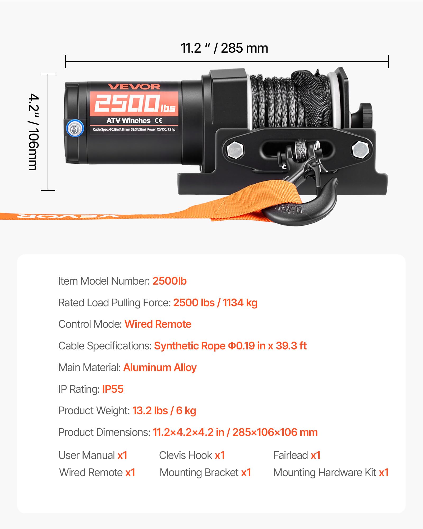 VEVOR Verricello Elettrico con Cavo da 1134 kg, Verricello Elettrico da 12 V CC per ATV/UTV Fuoristrada con Fune Sintetica Ø 4,8 mm x 12 m, Telecomando Cablato, Impermeabile IP55 per Recupero Stradale