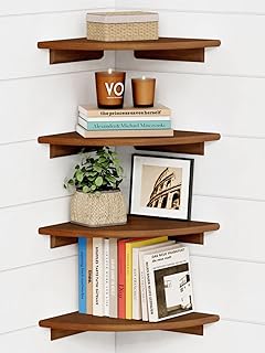 Forbena Corner Bookshelf Wall Mounted Set of 4, Wooden Floating Book Shelves for Nursery, Large Wall Shelving Unit for Living Room Bedroom Bathroom Kitchen Office Classroom Corner (Walnut Color)