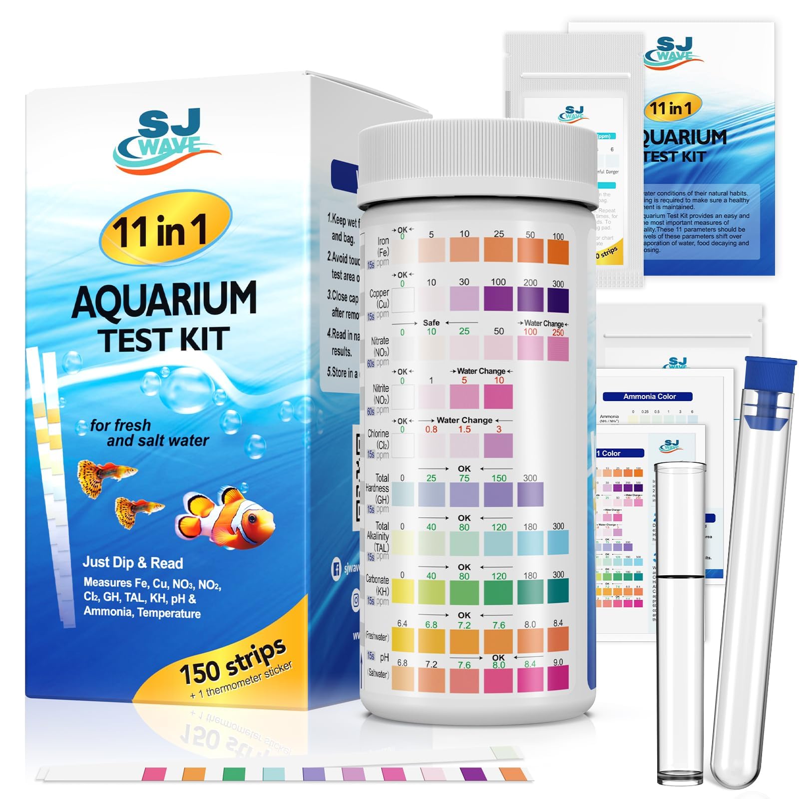 11 in 1 Aquarium Test Strips - Fish Tank Water Testing Kit with Ammonia Test Strips for Fish Tank (150 Strips) & eBook | Includes 50 Ammonia Strips, Thermometer, & Test Kit for Ponds & All Fish Tanks