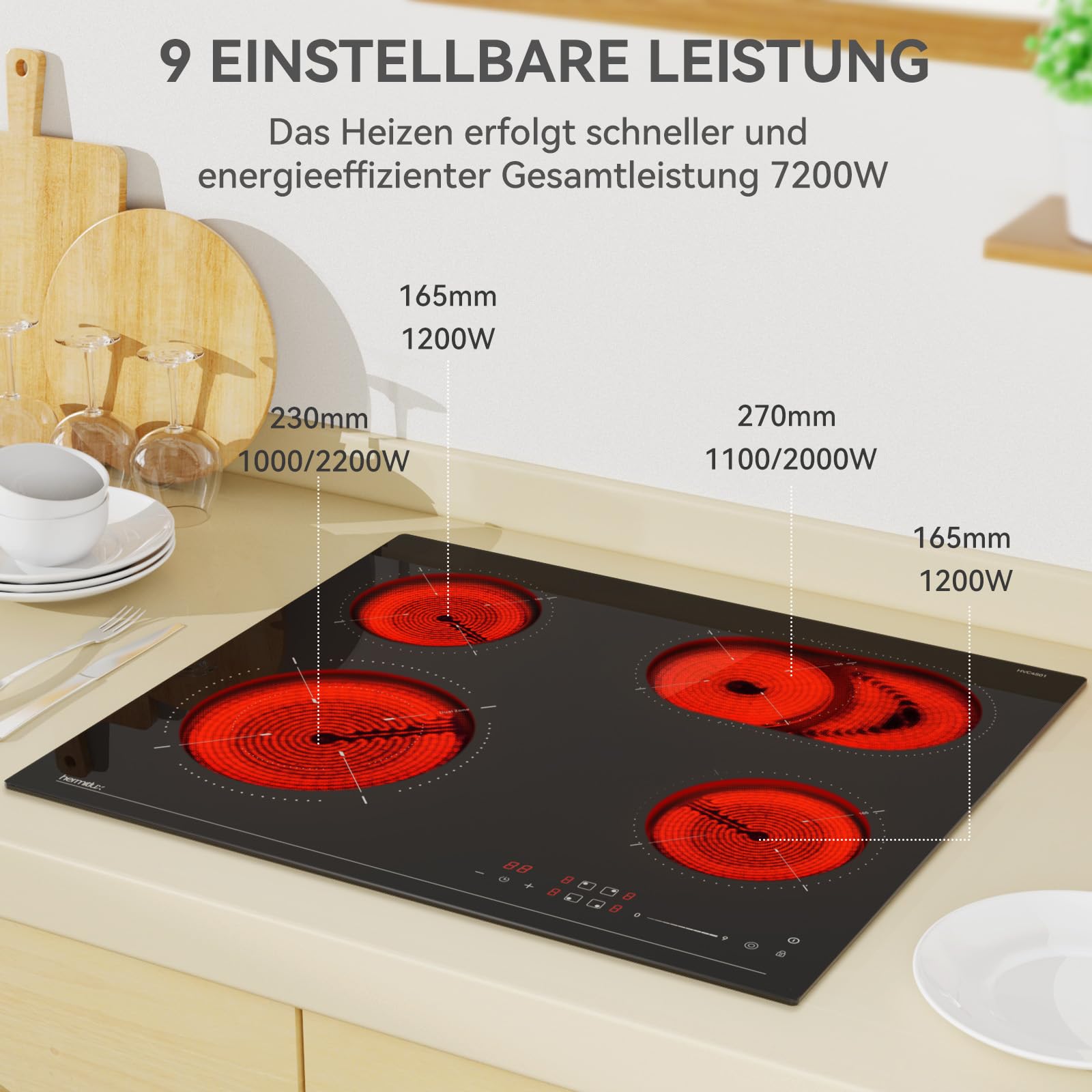 Hermitlux Glaskeramikkochfeld 59cm 4 Platten mit Duale und Ovale Zonen, 9 Heizstufen, 7200 W, Timer, Kindersicherung, Geeignet für alle Pfannen, Kein Stecker