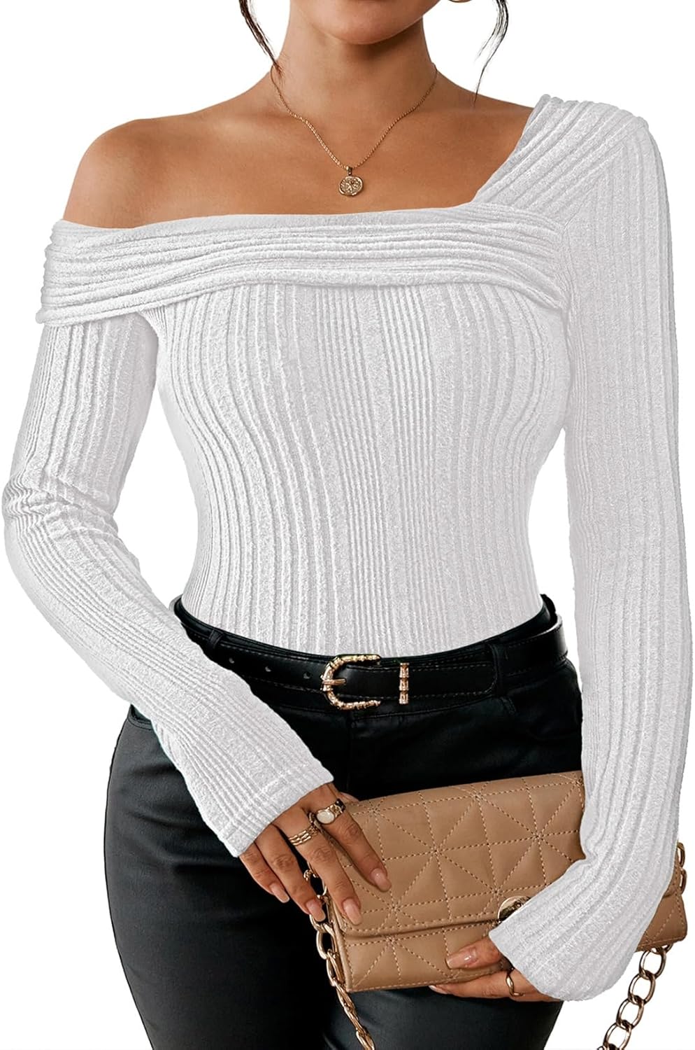 Viottiset Womens Fashion Off The Shoulder Tops Long Sleeve Knit Shirt Drop Shoulder Sweater Top - Image 2