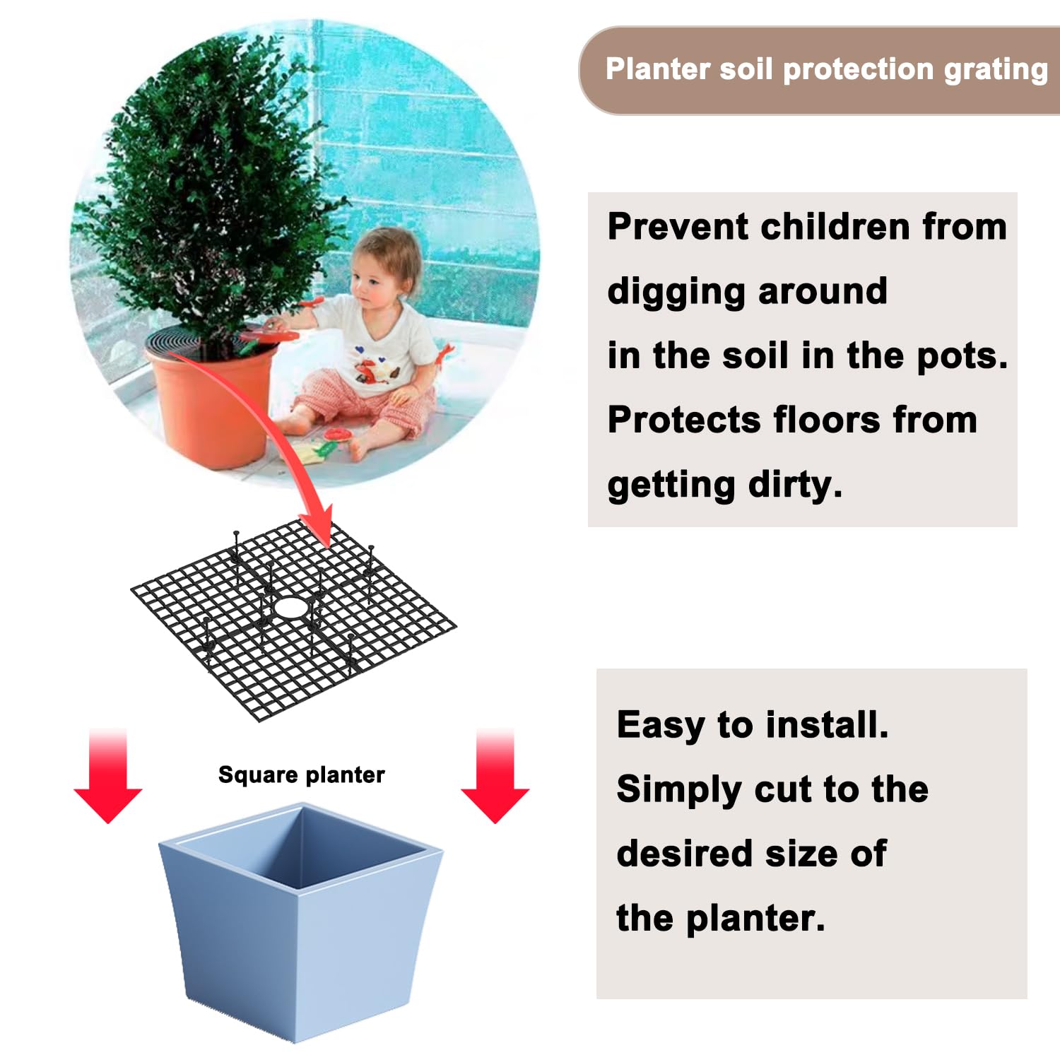 Lot de 2 grilles de protection pour pots de fleurs, chat, cadre de protection de jardin, découpable, protège la terre des animaux et des enfants, carrée, 30 x 30 cm