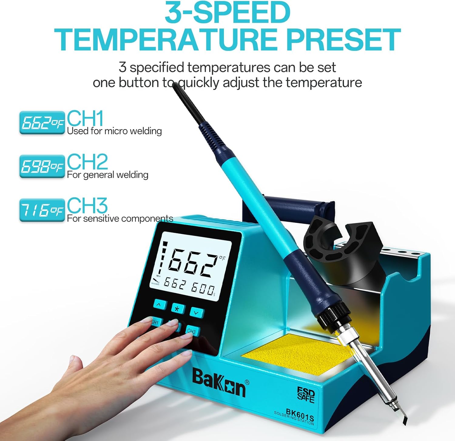 3-speed temperature preset feature with CH1, CH2, CH3 settings