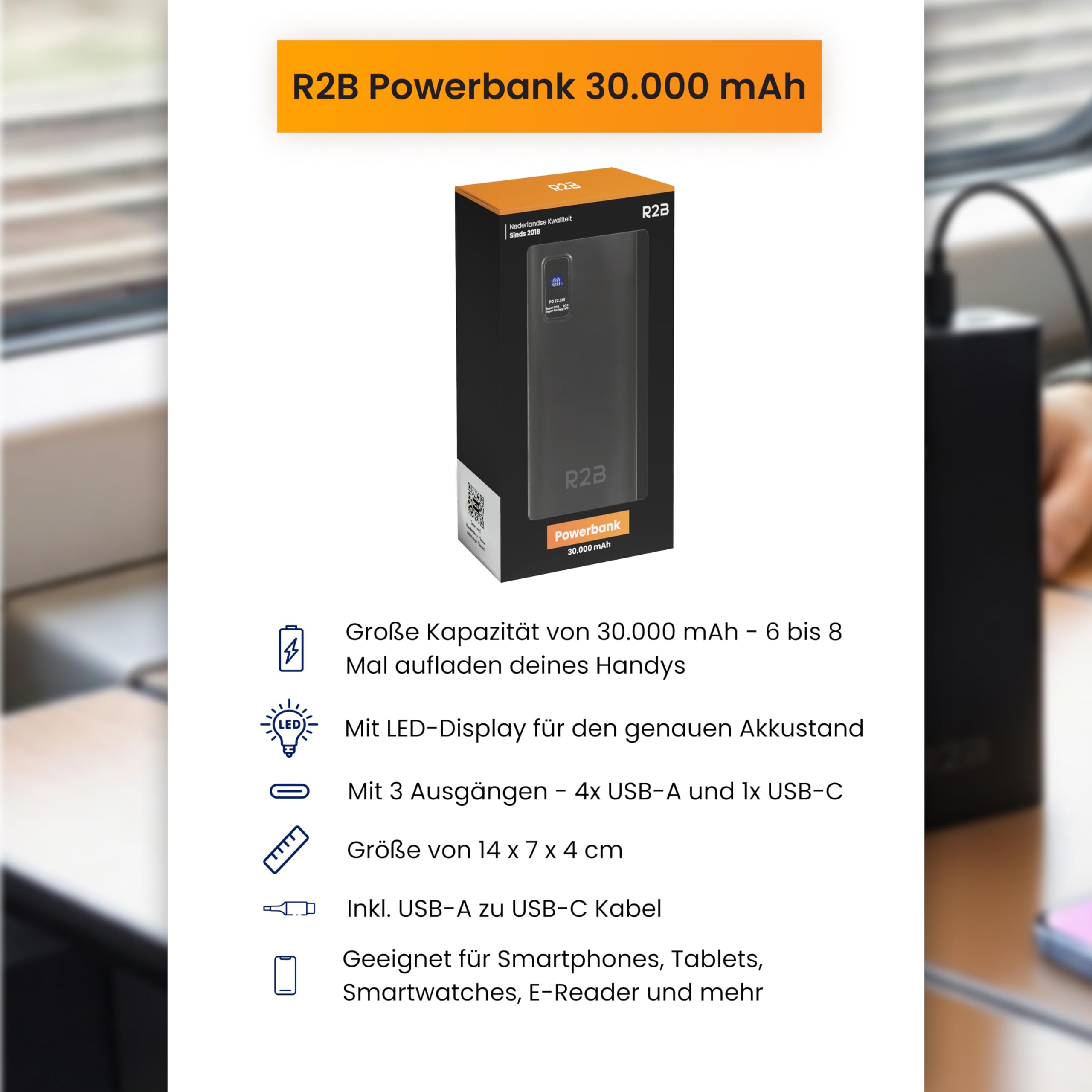 R2B Power Bank 30000mAh – Externe Powerbank mit Schnellladefunktion, USB C PD 20W, LED Anzeige, Tragbarer Handyakku und Ladegerät