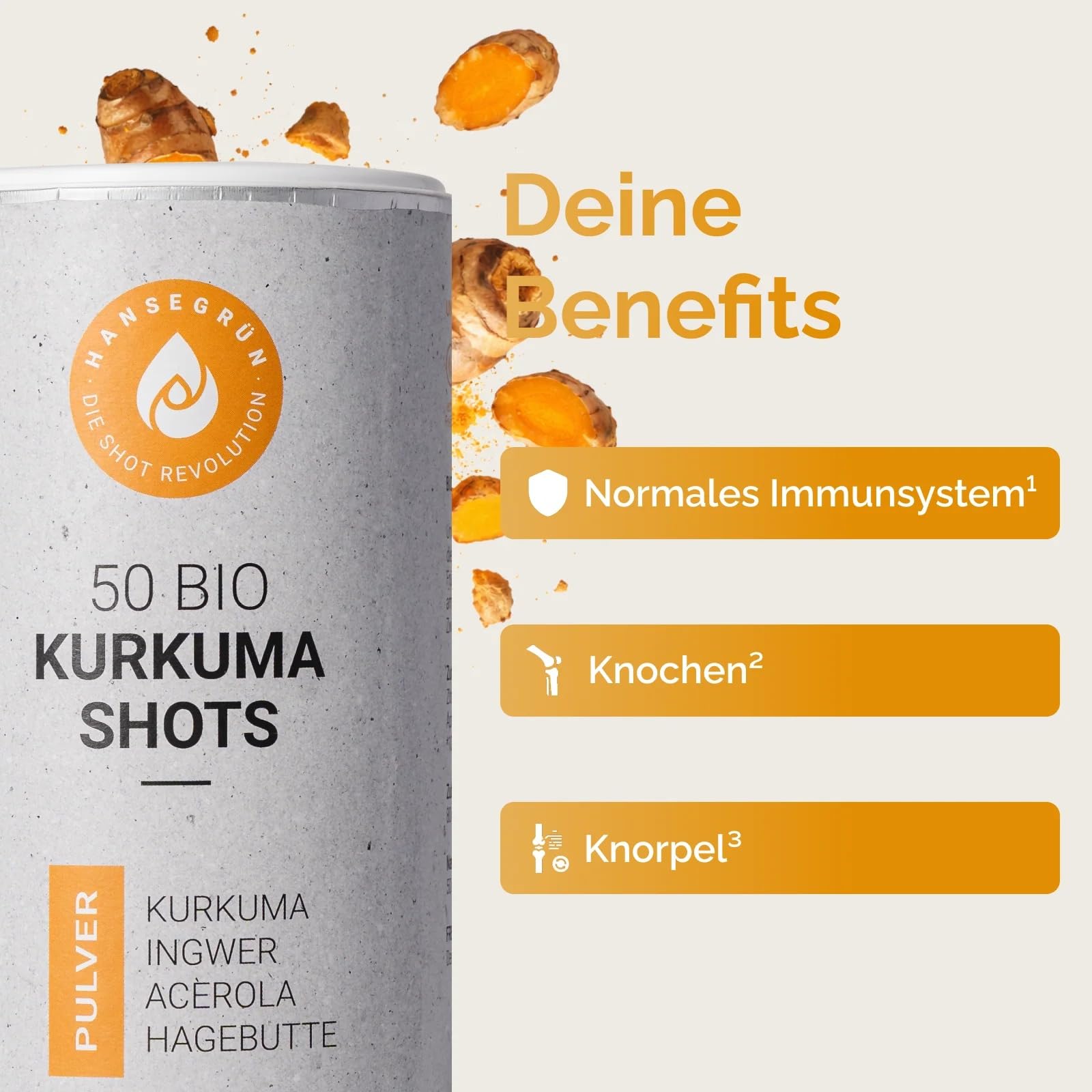 Hansegrün - 2x Bio Kurkuma Shots (50 Stk.) - Superfood-Pulver für Immunsystem¹, Knochen² & Knorpel³ - Kurkuma, Ingwer, Hagebutte & Acerola - 100% echte Zutaten zur täglichen Zubereitung