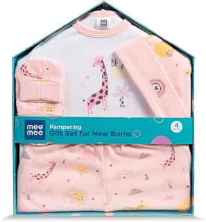 Mee Mee New Born Baby Gift Set Soft Cotton Clothing Essentials for Infants/Baby Girls, Boys Baby Shower Clothing Hamper (4 Pieces, Pink) Ideal Gift for New Born Baby