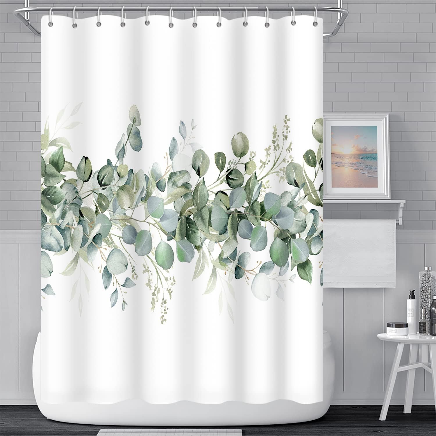 Umpoo Green Eucalyptus Leaves Shower Curtain Watercolor