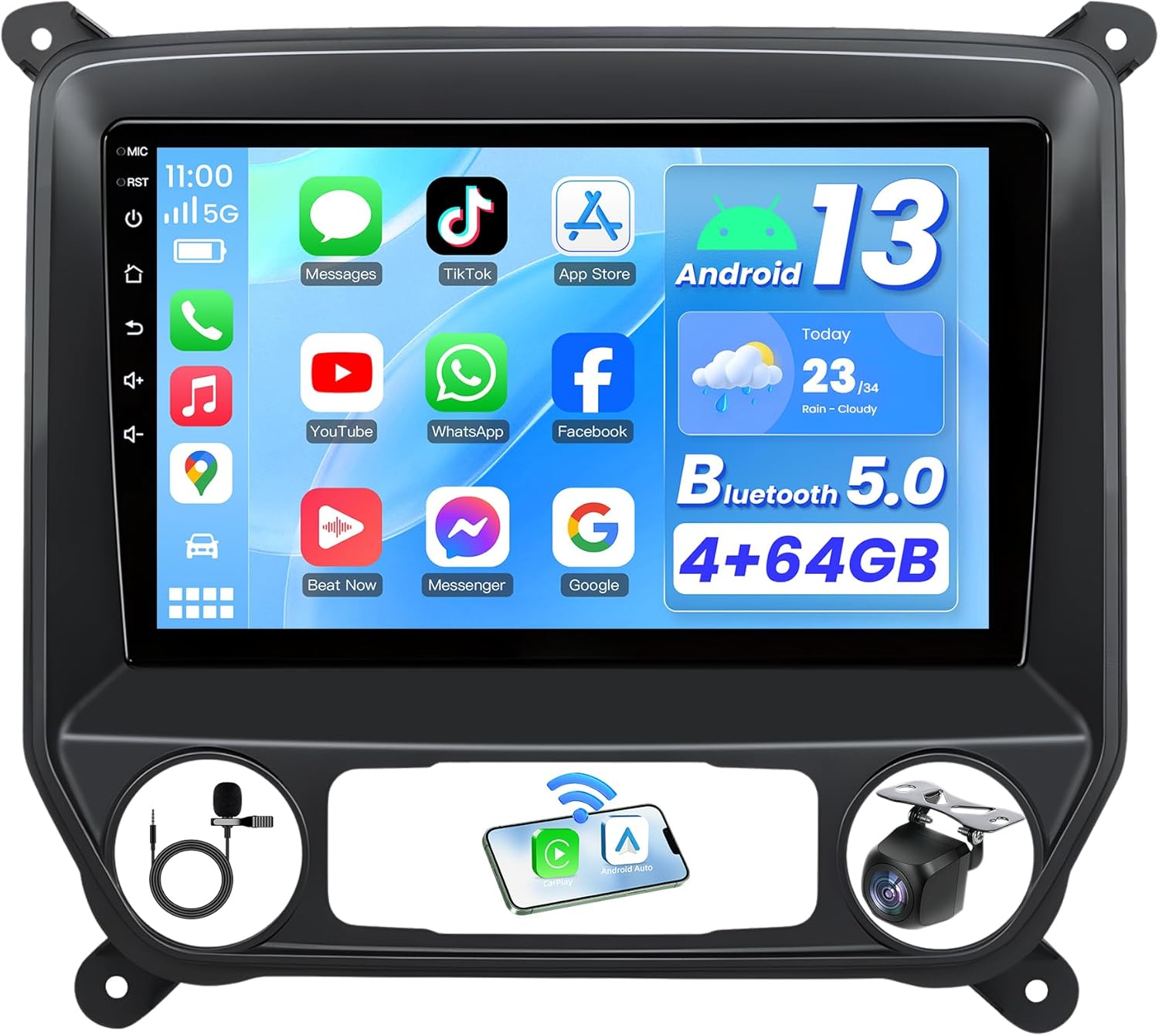 4G RAM+64GB ROM Andriod 13 Radio for Chevy Silverado 2014 2015 2016 2017 2018: 1280 * 800P HD IPS Touchscreen Stereo Wireless Carplay Andriod Auto 5G WiFi Bluetooth GPS 1080P Backup Camera FM SWC