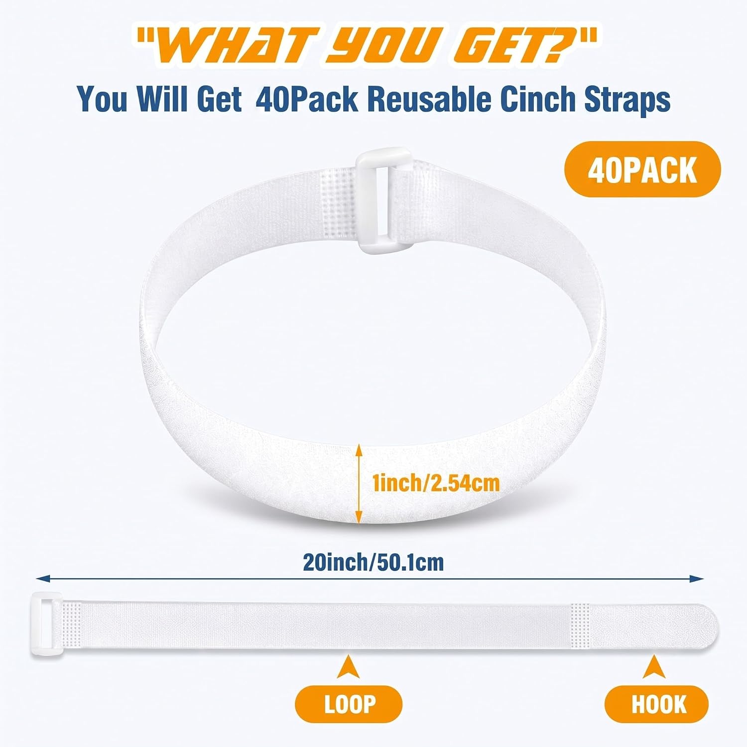 Kigeli 40 Pack White Cinch Straps 1 x 20 Inch Reusable Hook and Loop Straps Adjustable Multipurpose Cable Ties for Organizing Cables, Wires, Tools, Hose