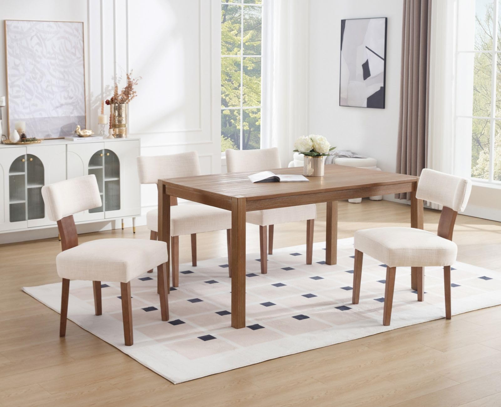 Ya-Home Juego de 2 Silla de Comedor Silla Cocina Marco de Madera,Beige | Asiento Tapizado de Lino, Patas de Madera Antideslizante, Respaldo Curvo, 15cm Cojin Grueso, para Hogar/Restaurante