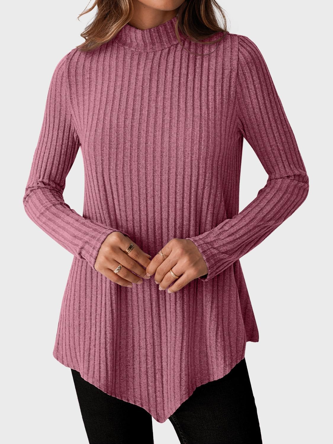 JUSTFASHIONNOW Mock Turtleneck Tops for Women Cozy Sweaters Trendy Long Sleeve Shirts Tunic Tops to Wear with Leggings - Image 2