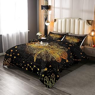 Erosebridal Bohemian Dragonfly Comforter Set, Kids Boho Gold Mandala Bedding Set Full Size, Stars Tie Dye Duvet Set for Boys Teens Adult Women, Exotic Floral Hippie Duvet Insert, Black Golden
