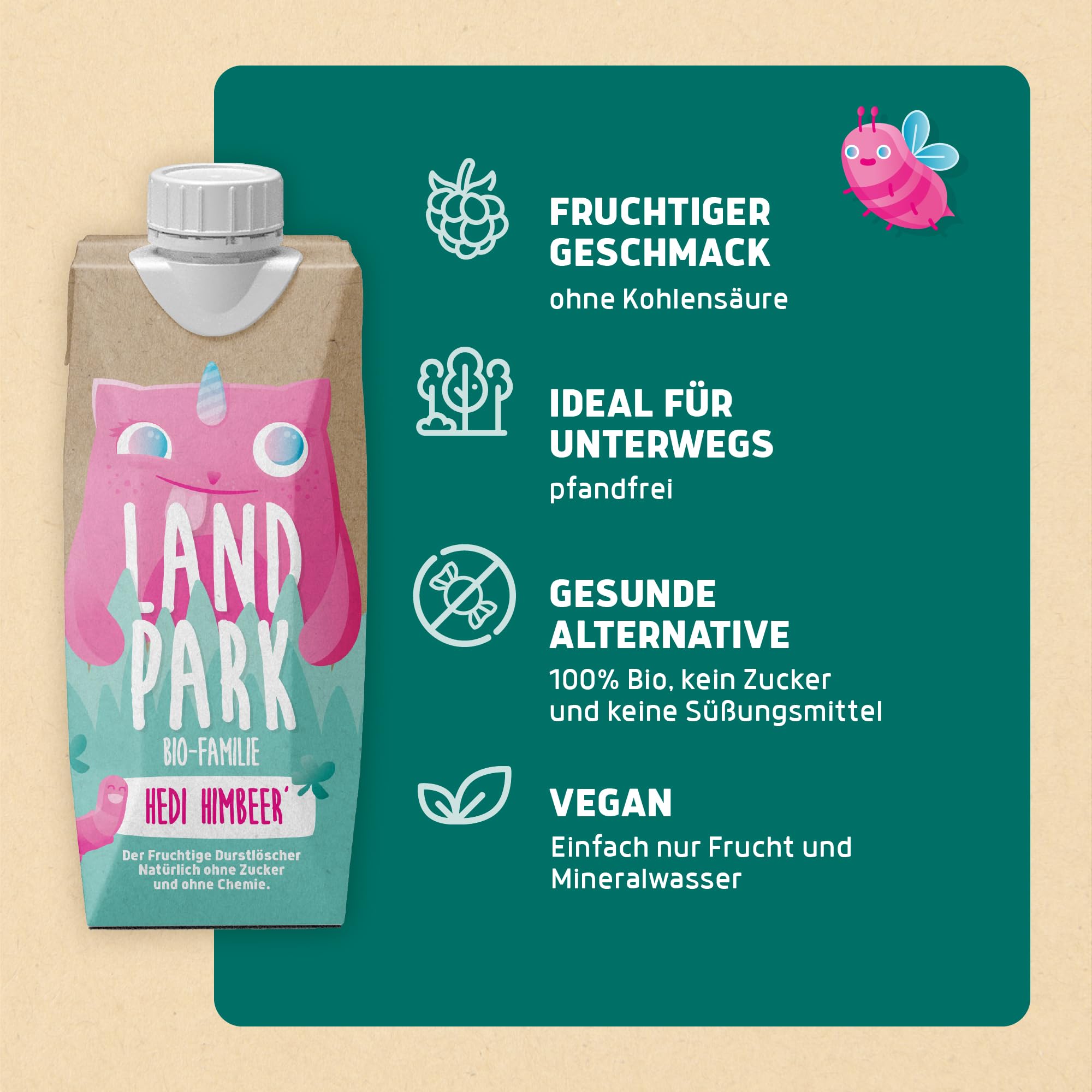 Landpark Bio-Familie Himbeere, 48x0,5l I Kindergetränk ohne Zucker und Süßungsmittel I Ab 1 Jahr geeignet I natürliches Mineralwasser mit Bio-Himbeere Fruchtaroma I Wasser mit Geschmack (48)