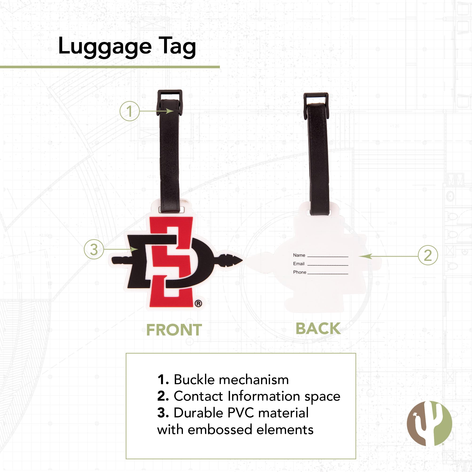 Desert Cactus San Diego State University Luggage Tag SDSU Aztecs Durable PVC Travel ID Label for Bags and Backpacks (Design A)