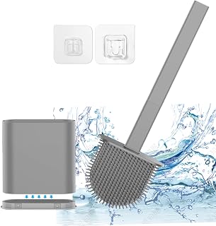 Silicone Toilet Brush-Soft Flat Toilet Brush with Holders, Cleaning Brushes Set for Bathroom,Flexible Toilet Bowl Brush Head with Silicone Bristles,Wall Mounting Leak Proof Slots Base (Grey)