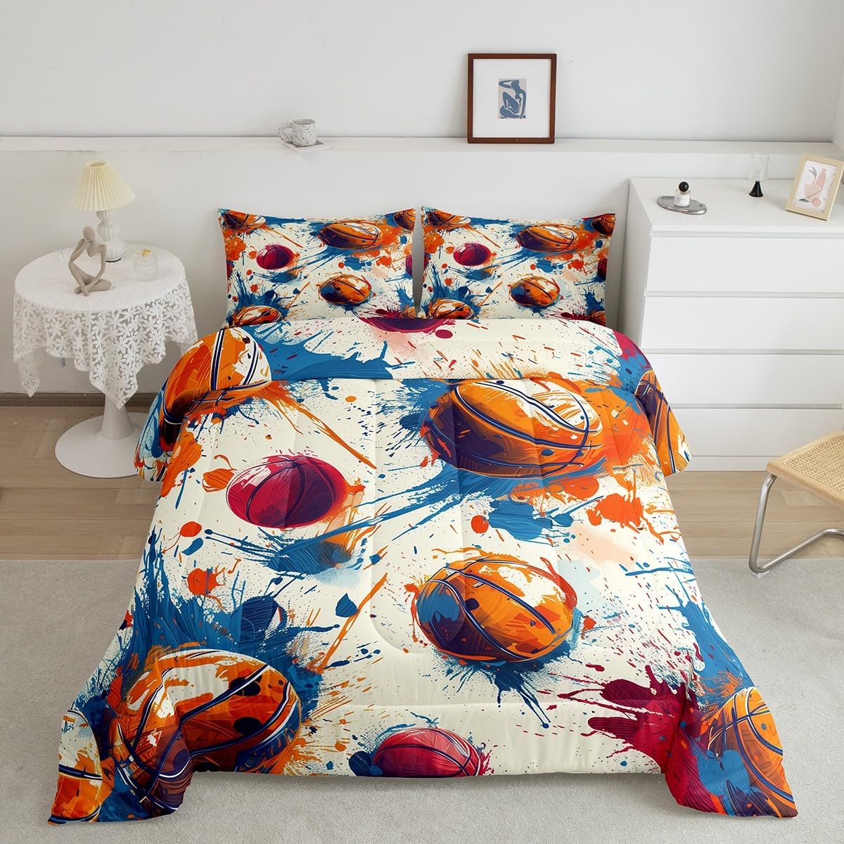 Softball Comforter Set Queen Size,Baseball Games Bedding Set for Kids Boys Teens Men Room Decor,Ball Sports Theme Microfiber Duvet Insert 3Pcs,White Red Balls Modern Fashion Quilt Set,2 Pillowcases