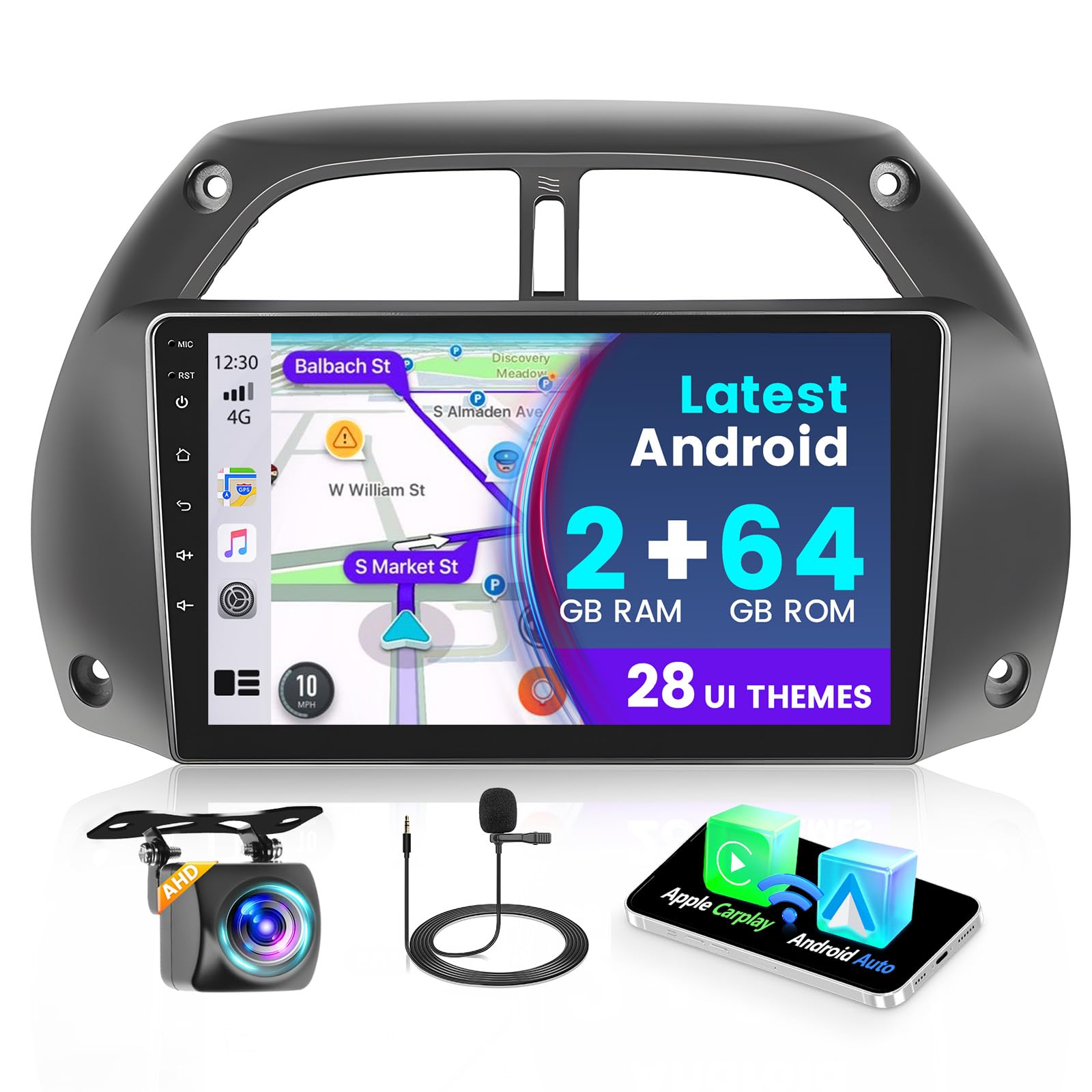 9" Écran Voiture Android Autoradio pour Toyota RAV4 2001-2006 2+64G | Android 15 Autoradio carplay/Android Auto sans fil Ecran Tactile 9" avec Bluetooth/WiFi/GPS/Caméra de Recul/FM/RDS/SWC/EQ
